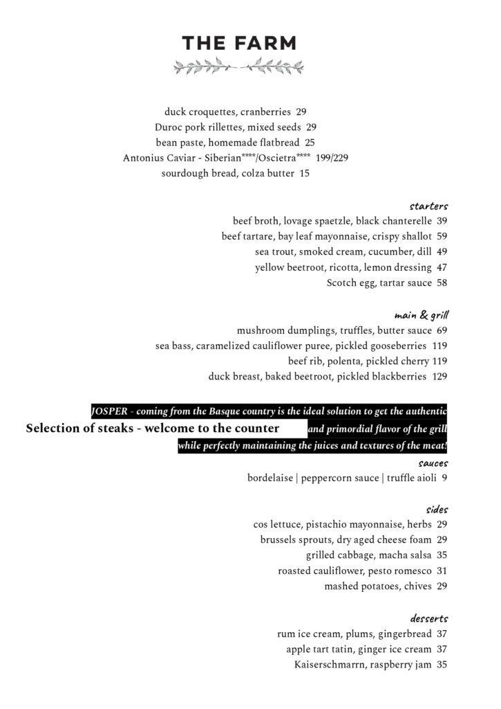 Menu restauracji w wersji angielskiej