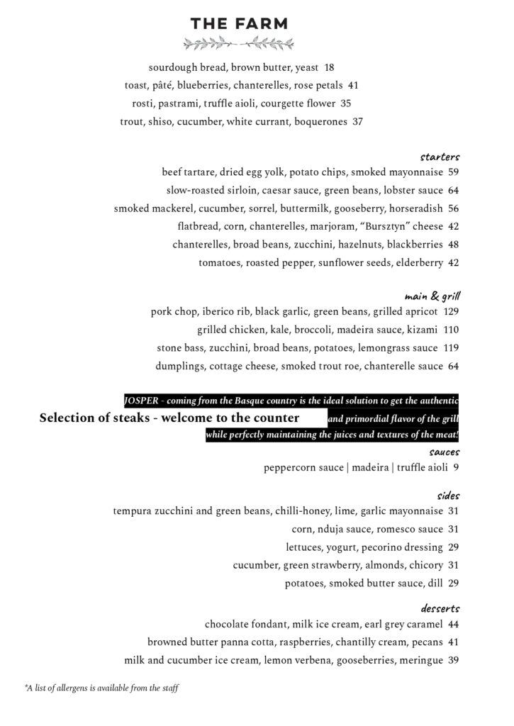 Menu restauracji w wersji angielskiej